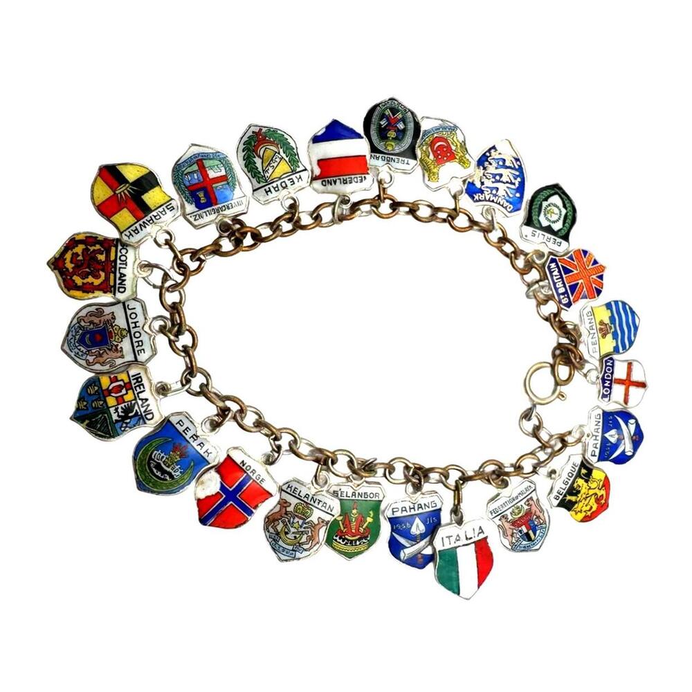 Charm Bracelet Vintage 1950s Flags Sterling Silver Charms RARE